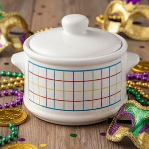 Vintage Mardi Gras Mt Clemens Pottery Bean/Soup Pot Colored Grid On White